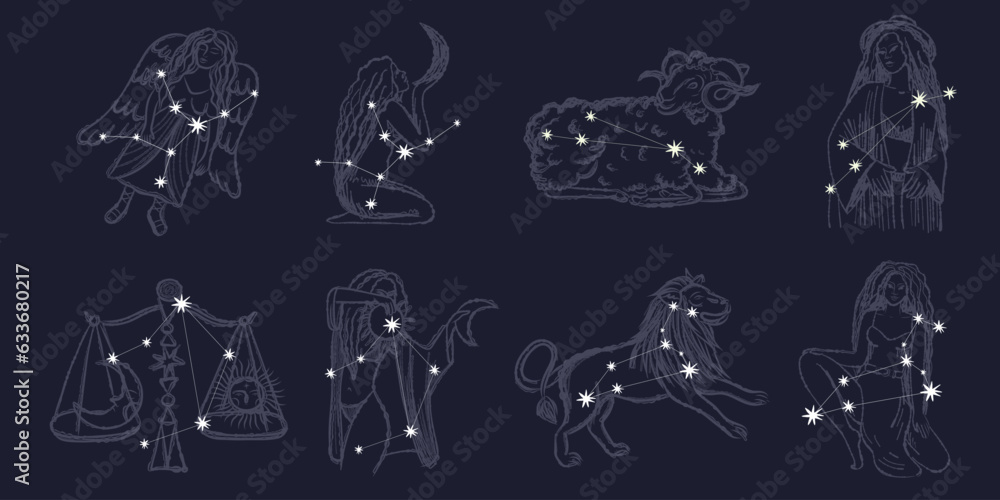 vintage retro engraving style. zodiac sign and astrology. printing on gold foil. modern style of tattoo on clothes. nude style. for printing on fabric and packaging