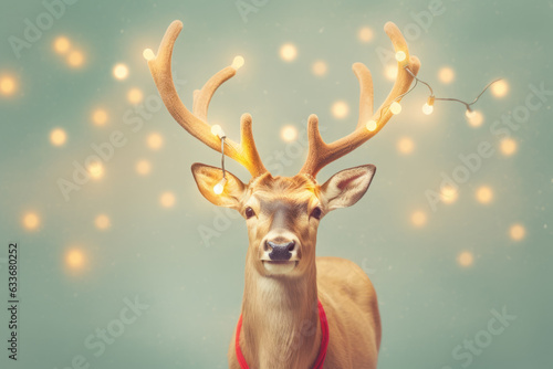 Reindeer with Christmas lights on his antlers. Minimal Christmas background. AI generative, illustration