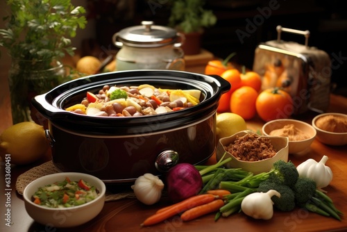 Obraz na płótnie slow cooker cooking a vegetarian meal, variety of veggies w salonie