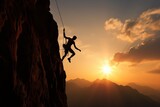 Climber's Embrace: Amidst the Setting Sun, a Silhouette on the Cliff Symbolizes Triumphs Told and the Climber's Courage for Challenges Unfolded Generative AI
