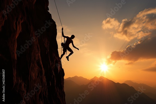 Climber's Embrace: Amidst the Setting Sun, a Silhouette on the Cliff Symbolizes Triumphs Told and the Climber's Courage for Challenges Unfolded Generative AI  © furyon