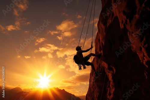 Thresholds of Ascent: Embracing the Sun's Descent, a Climber's Silhouette Hangs on a Cliff, Echoing Achievements Conquered and Challenges Invited Generative AI © furyon