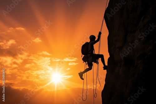Ascending Horizons: The Silhouette of a Climber Amidst a Cliff, Embracing the Sun's Descent and the Uncharted Challenges Beyond Generative AI © furyon