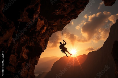Edge of Endeavor: Amidst a Setting Sun, the Silhouette of a Climber Hangs on a Cliff, Conveying Triumphs of the Climb and the Tests to Come Generative AI 