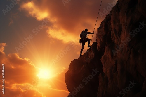 Sunset Ascent: A Climber's Form Suspended on a Cliff, Symbolizing Progress Achieved Amid the Twilight and Anticipating Trials Ahead Generative AI