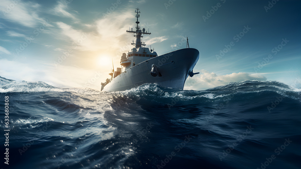 Modern Warship Frigate in the ocean on a sunny day