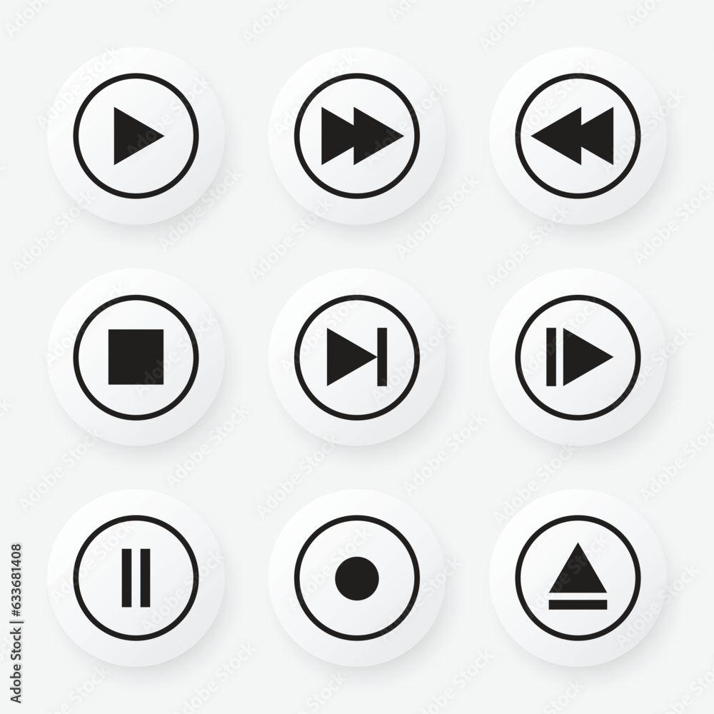 Video media player icon vector set. Multimedia music audio control. Mediaplayer interface symbol. Video media player icon vector set. Multimedia music audio control. Mediaplayer interface symbol.