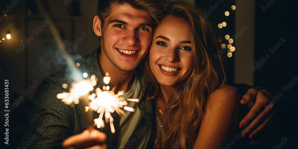 Young cheerful couple having fun with sparklers on New Year's Eve.