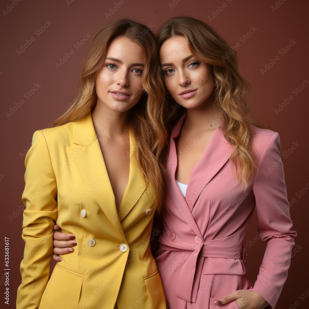 Back-to-Back Besties studio photo on yellow backgrounds and pastel coloured suits. Back-to-Back Besties studio photo on yellow backgrounds and pastel coloured suits.