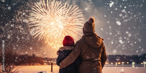 Happy family watching fireworks on a snowy winter walk in nature.