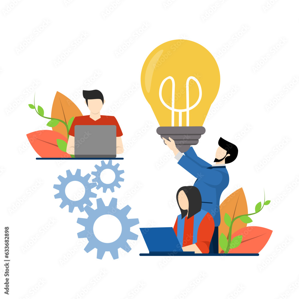 online assistant at work. online promotion. managers at remote workplace, looking for new idea solutions, working together in company, brainstorming. flat vector illustration on a white background.