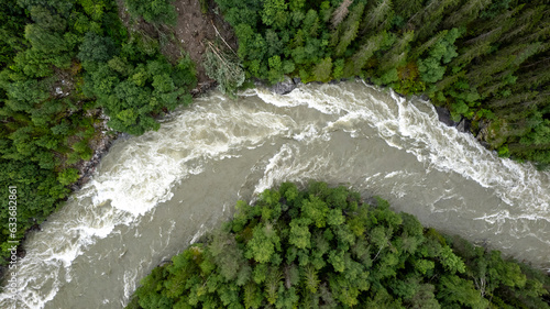 Aerial shot of big river and landslides during flood