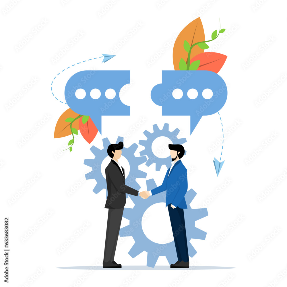 businessmen discussing social network, news, social network, chat, dialogue, speech bubble, forging cooperation, partnership, mind puzzle vector, vector illustration in flat style on white background. businessmen discussing social network, news, social network, chat, dialogue, speech bubble, forging cooperation, partnership, mind puzzle vector, vector illustration in flat style on white background.