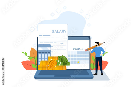 payroll system concept, online income calculation and automatic payment, administrative accounting office or calendar payment dates, businessman standing with online payroll computer.