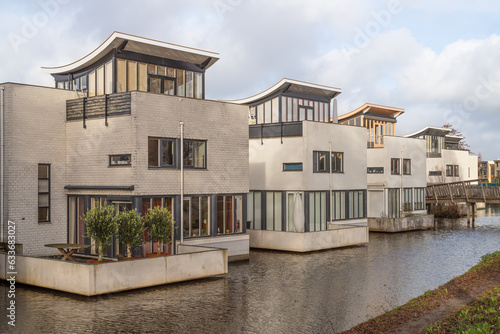 Residential area with modern architecture along the water in the Kattenbroek district in the Dutch city of Amersfoort.