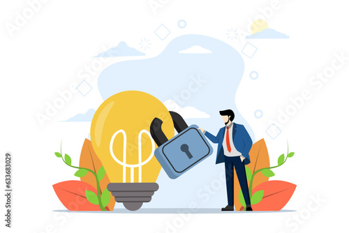 intellectual property concept, patented, protected by copyright laws or product trademarks that cannot be copied, business owner standing with idea light bulb locked with padlock for patent.