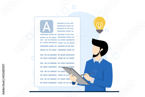 Concept of copywriting, journalism, writing, copyright idea. Successful people with pencil writing or text editing. Vector illustration in flat design on white background.
