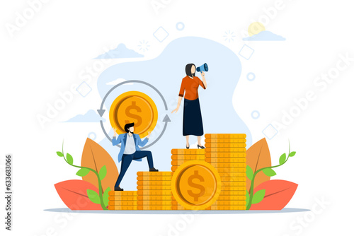 Online banking concept, money transfer, cash back, money growth. Character with debit card or payment card, coins and earn money online. Modern vector illustration in flat design.