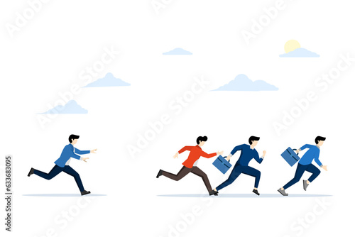 the concept of rivalry or competition in business, a group of people compete with other business people, overcome obstacles, fall behind catch them, flat vector illustration on a white background.