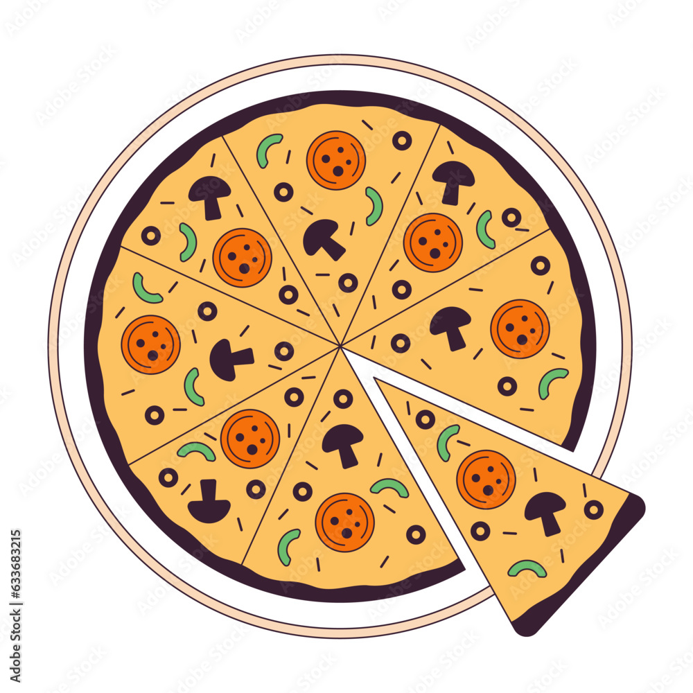 Fast food pizza flat monochrome isolated vector object. Traditional italian dish. Editable black and white line art drawing. Simple outline spot illustration for web graphic design