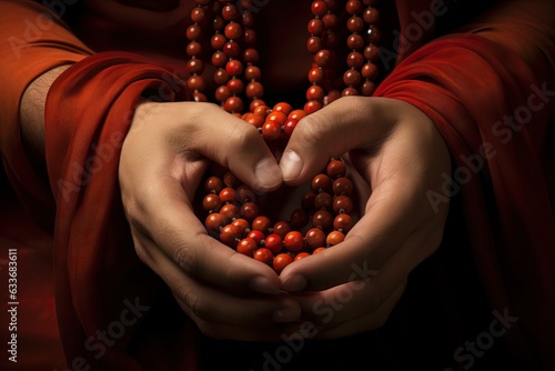 Embracing the Sacred Path: A Focused View of Prayerful Hands Clasped Around Religious Beads, Symbolizing the Everlasting Journey of the Soul Generative AI