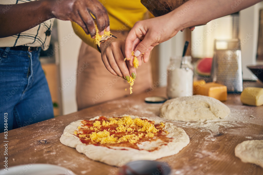 Hands, cheese and pizza for cooking, together and ready for fast food, restaurant or helping with skill in Naples. Chef woman, dough and tomato sauce for cuisine, culture and preparation with process