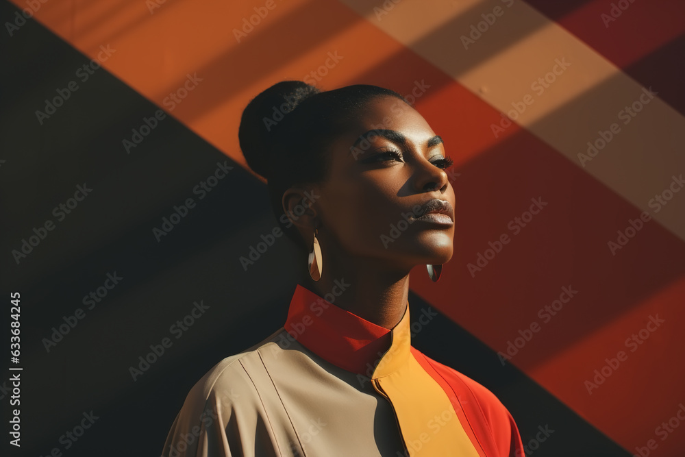 Magazine fashion portrait african american woman in stylish clothes looking away, minimalism style Magazine fashion portrait african american woman in stylish clothes looking away, minimalism style
