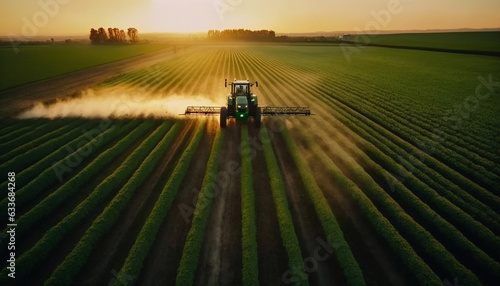 Tractor spraying pesticides on a green plantation at sunset, aerial view, drone view.