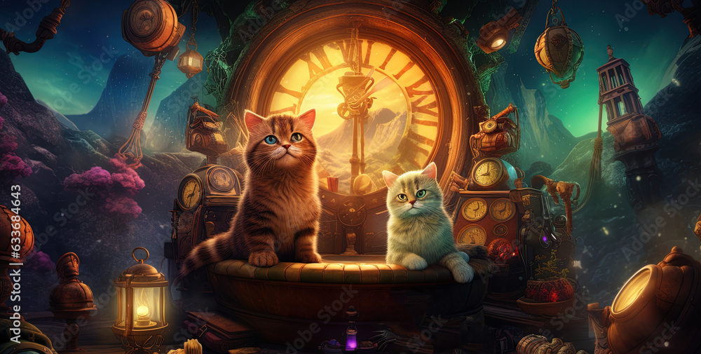 Kittens that become a time machine, imaginative journeys, historical eras and futuristic worlds - obrazy, fototapety, plakaty 