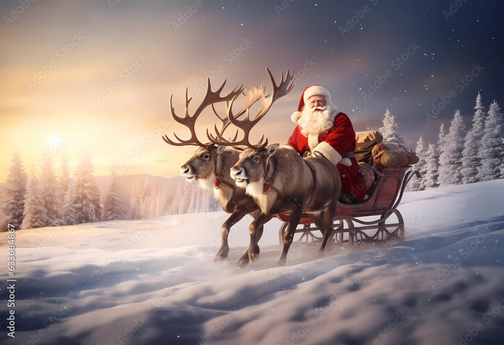 Weihnachtsmann auf Rentierschlitten in winterlicher Landschaft erstellt