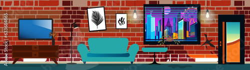 Old dirty living room brick wall, TV, sofa. For 2d game location. Vector illustration