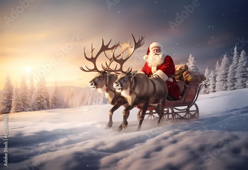 Weihnachtsmann auf Rentierschlitten in winterlicher Landschaft erstellt mit generativer KI