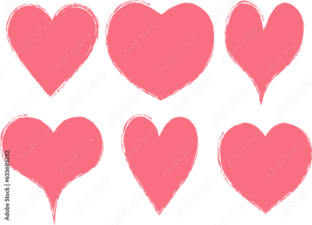 Set of pink heart shapes sketch style on white background
