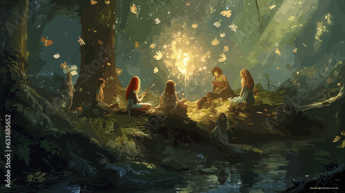 A gathering of mythical beings in a hidden forest glade, medium digital art, style whimsical and enchanting, lighting dappled sunlight through leaves, colors vibrant greens and soft fairy lights, comp