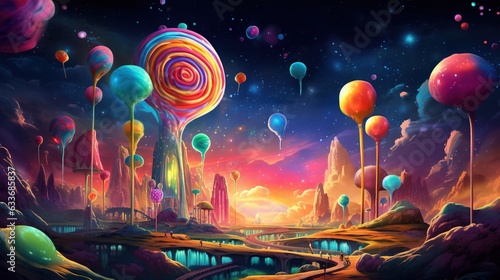  a painting of a colorful landscape with a lot of balloons. generative ai