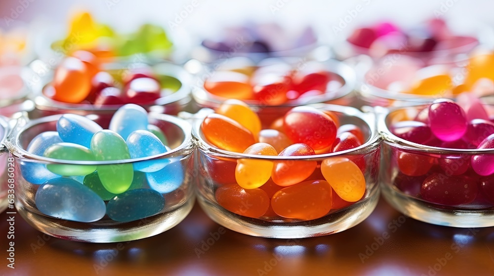 a row of glass bowls filled with jelly beans on top of a table. generative ai a row of glass bowls filled with jelly beans on top of a table. generative ai