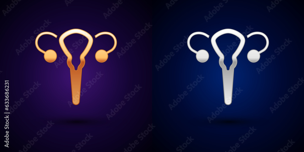 Gold and silver Female reproductive system icon isolated on black background. Anatomy. Gynecology. Woman health. Vector
