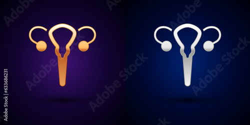 Gold and silver Female reproductive system icon isolated on black background. Anatomy. Gynecology. Woman health. Vector