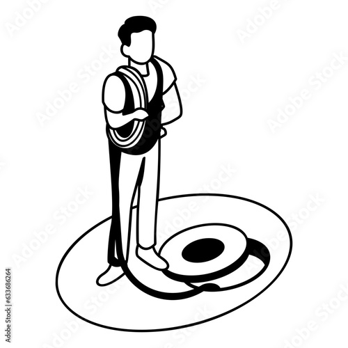 Plumber Holding Red Rope near Main Hole Vector isometric Design, Plumber equipment Symbol, Scavengers Service Work Sign, Sanitary technician Stock illustration Manual sewage cleaner gearing up Concept