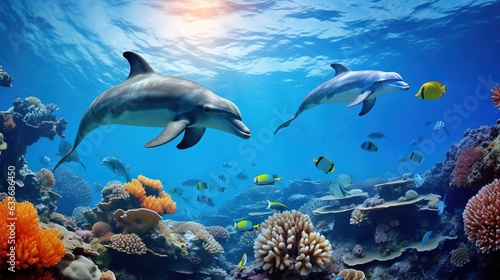  a couple of dolphins swimming over a coral reef with fish.  generative ai
