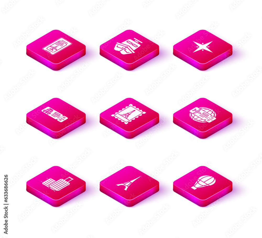 Set Suitcase for travel, Eiffel tower, Cruise ticket traveling by ship, Postal stamp and, Hot air balloon, Airline, Wind rose and Ship icon. Vector Set Suitcase for travel, Eiffel tower, Cruise ticket traveling by ship, Postal stamp and, Hot air balloon, Airline, Wind rose and Ship icon. Vector