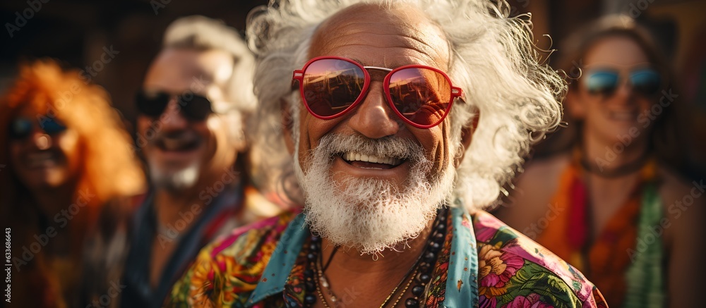 Happy old man on the beach with friends, generative ai Happy old man on the beach with friends, generative ai