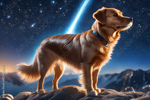 A meteor shower is falling and the dog watching it. Generative AI
