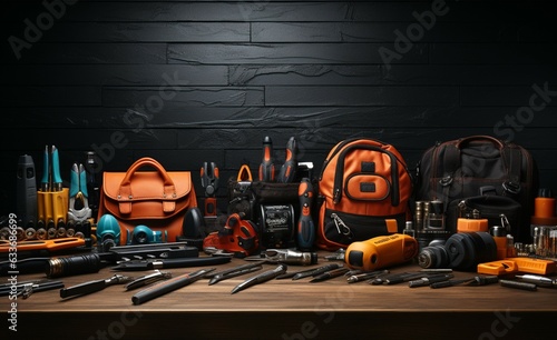 Craftsmens essentials Diverse construction tools on black table, embodying Labor Day sentiment Generative AI photo