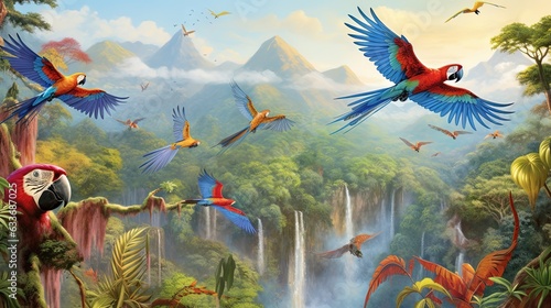 Fototapeta Naklejka Na Ścianę i Meble -   a painting of birds flying over a waterfall in the jungle.  generative ai