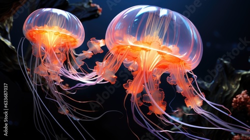 Realistic illustration of a jellyfish underwater closeup. Beautiful poisonous jellyfish underwater. Sea life. Large jellyfish glow in the dark. Jellyfish 3d wallpaper print. Generative ai. © Наталия Горячих