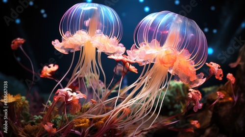Realistic illustration of a jellyfish underwater closeup. Beautiful poisonous jellyfish underwater. Sea life. Large jellyfish glow in the dark. Jellyfish 3d wallpaper print. Generative ai. © Nataly G