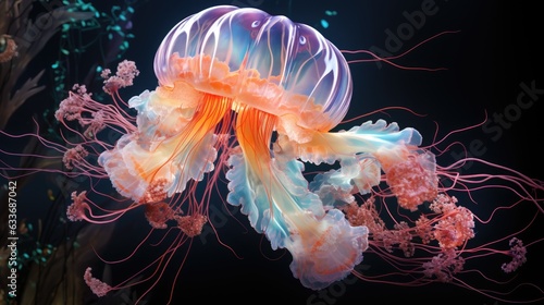 Realistic illustration of a jellyfish underwater closeup. Beautiful poisonous jellyfish underwater. Sea life. Large jellyfish glow in the dark. Jellyfish 3d wallpaper print. Generative ai.