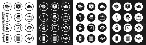 Set Cloud computing lock, Paper shredder confidential, Key, Globe key, Laptop and, Computer monitor shield, and Safe combination wheel icon. Vector