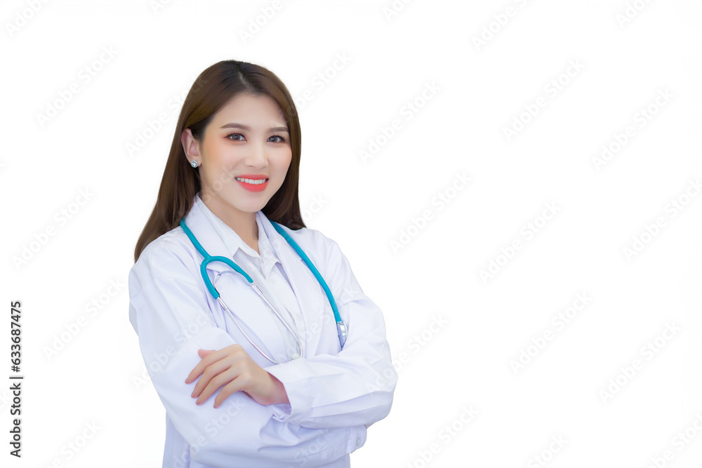 Professional young Asian woman doctor wearing white robe and stethoscope standing with arms crossed happy and smile at examination room in hospital while isolated on white background. Professional young Asian woman doctor wearing white robe and stethoscope standing with arms crossed happy and smile at examination room in hospital while isolated on white background.